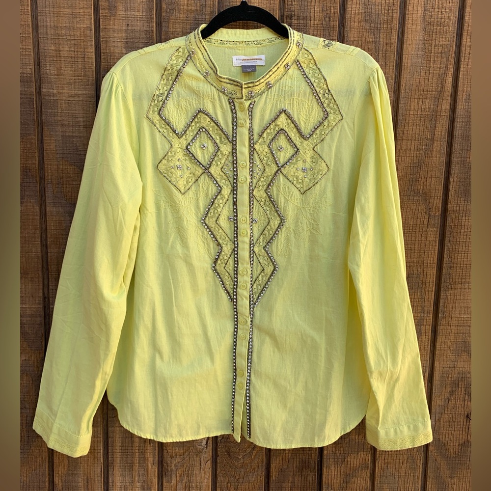 Anthropologie Yellow Beaded Button-Down Shirt
